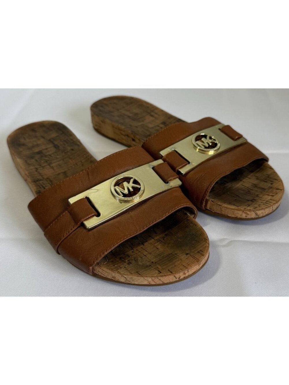 Michael Kors Warren Slides Womens 7.5 Brown Leather Cork Upper Sandals Slip On
